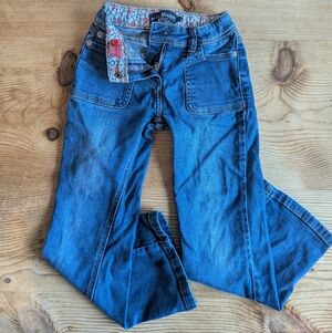 Girls Size 7, Mini Boden Floral Lined, Patch-pocket Jeans